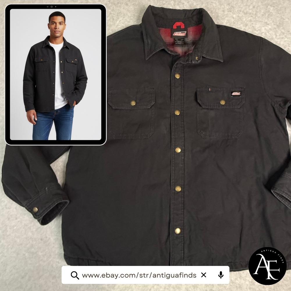 Dickies Mens Black Canvas Flannel Lined Snap Front Shirt Jacket NJS150BK 2XL